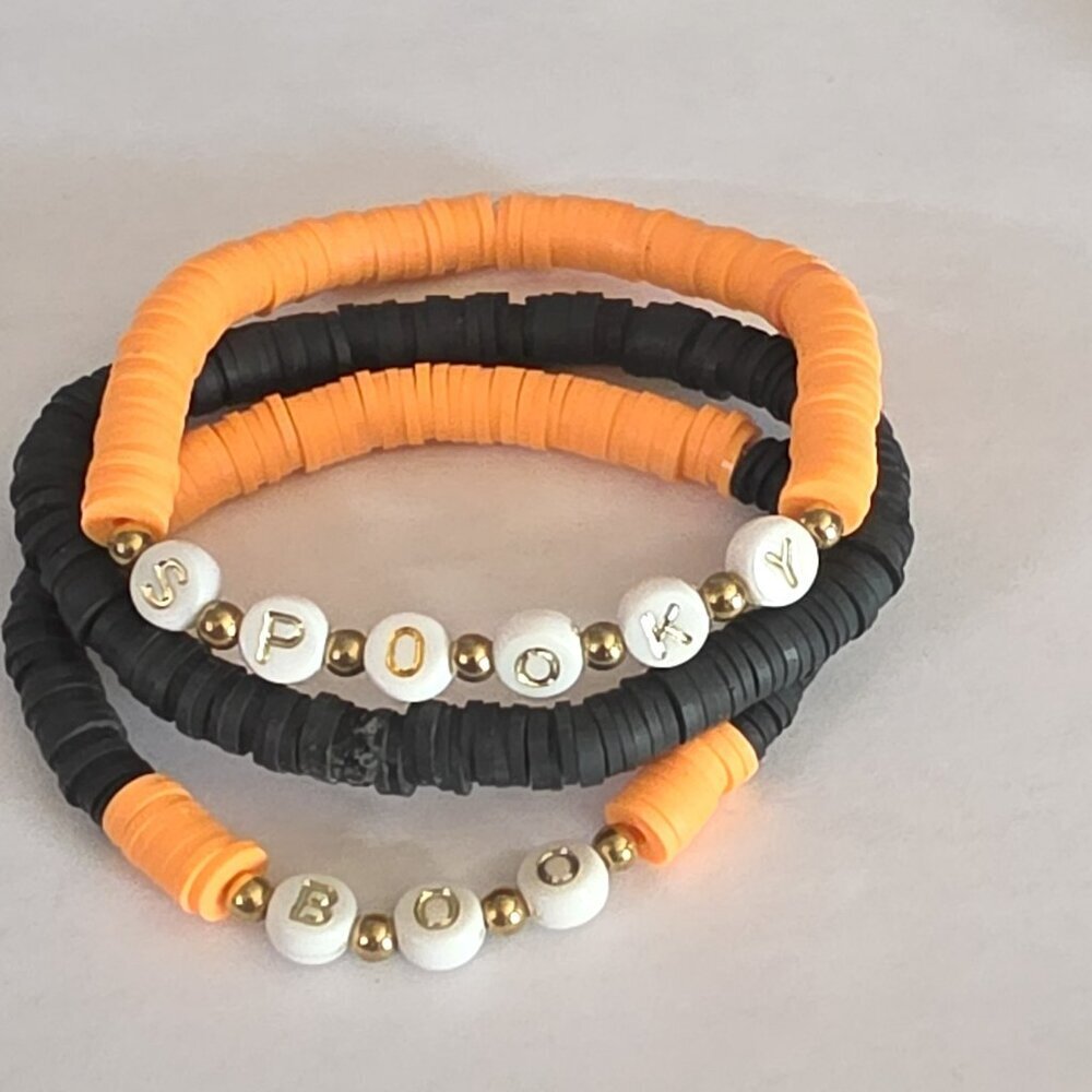 Halloween Bracelets in Orange‎ and Black - Set of 3 - Spooky and Boo Lettering